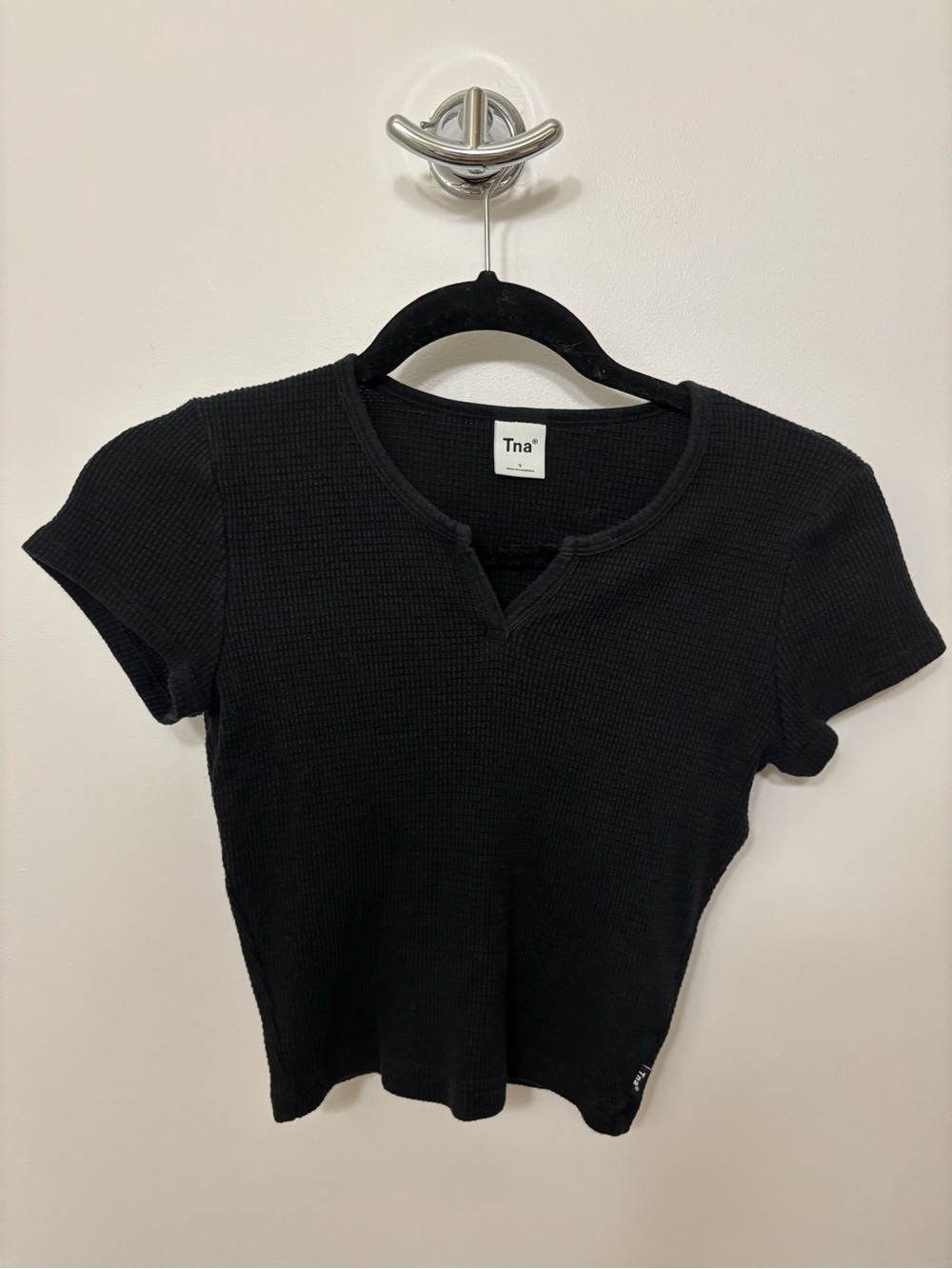 TNA Black Short Sleeve Waffle Tee with Notch Neckline